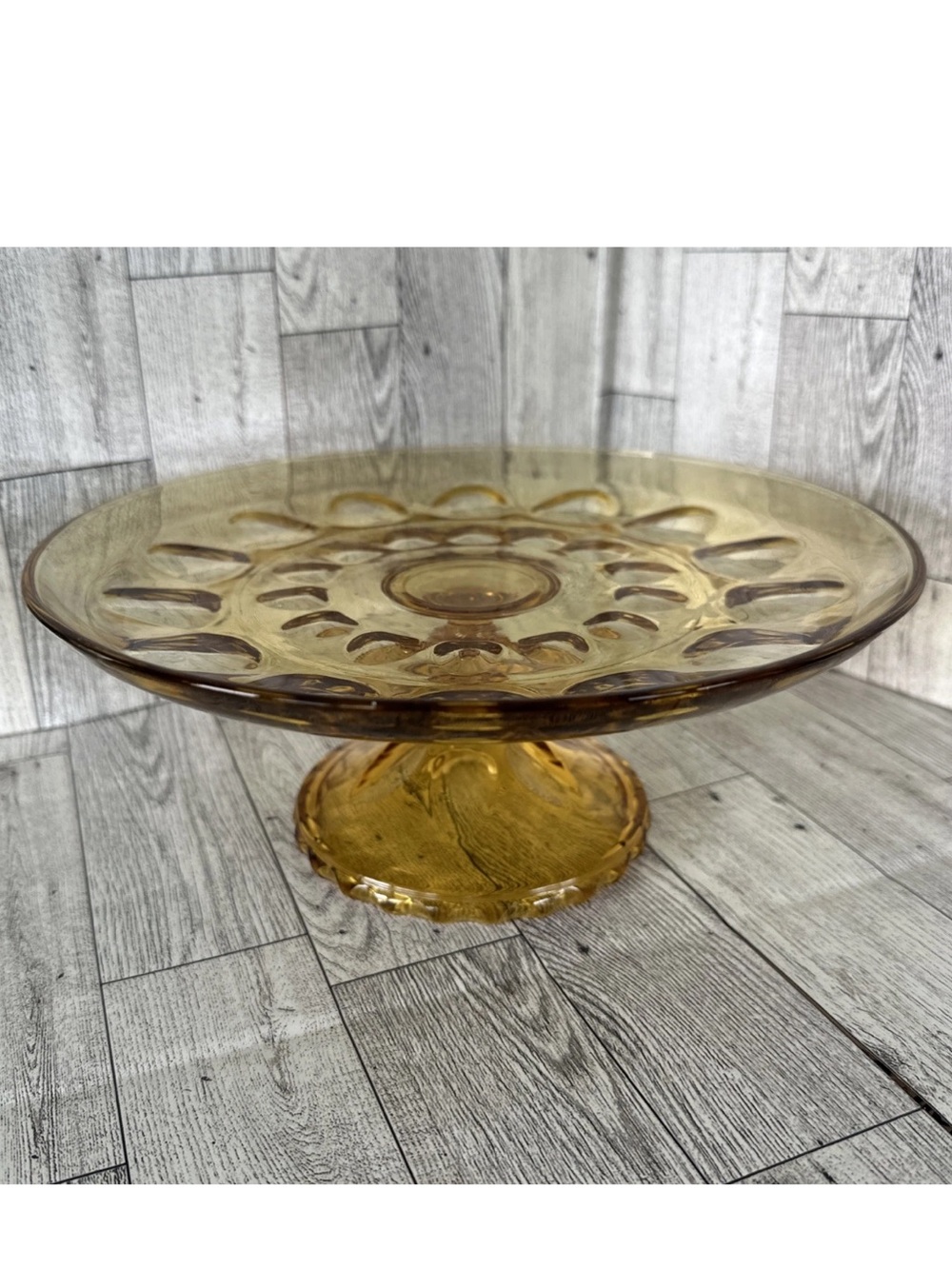 Vintage Hazel-Atlas Reflection Amber Glass Cake Dessert Stand Thumbprint Pattern